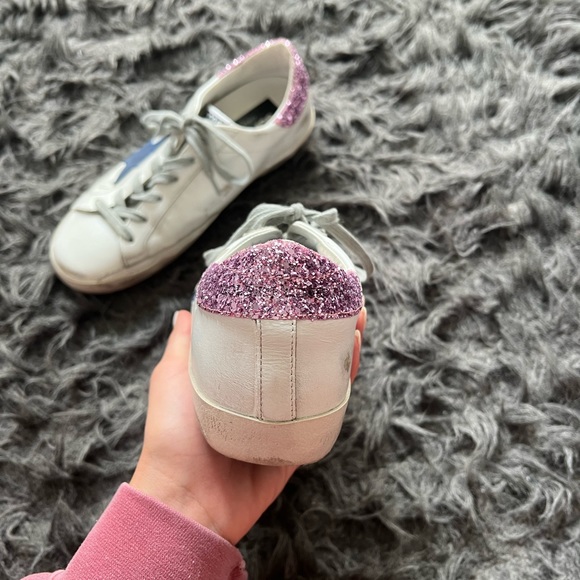 Golden Goose White Superstar Sneakers with Blue Star and Glittery Heel Tab - Picture 4 of 5